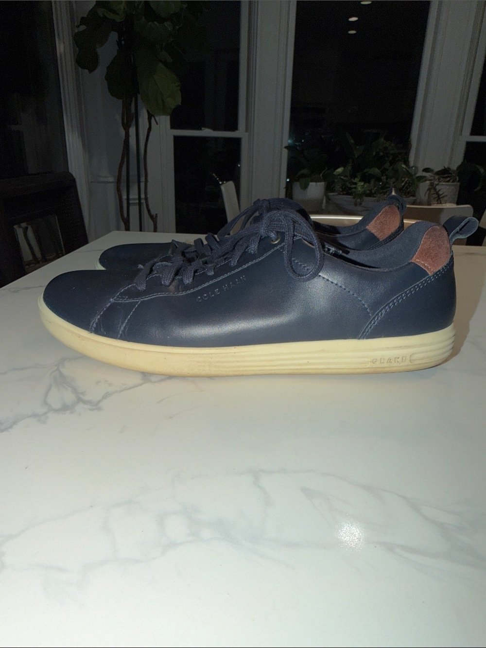 Cole Haan Grandpro Navy Leather Low-Top Sneakers with Tan Heel Accent